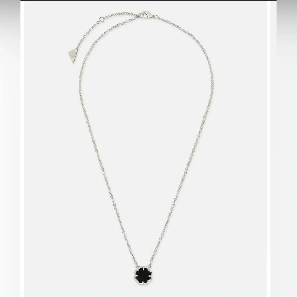 Sterling Forever Necklace Silver Tone Petal Pendant Necklace Black Onyx NEW
